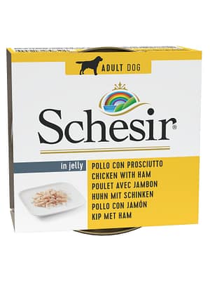 9634.jpg Schesir konservsööt täiskasvanud koertele kanaliha & sink tarretises 150 gr.