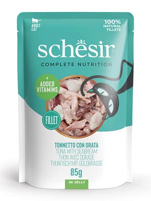 9721.jpg Schesir Complete Nutrition konservsööt täiskasvanud kassidele tuunikala merilatikaga tarretises 85 gr.