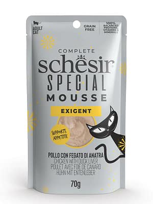 L-00707.jpg Schesir Special Exigent teraviljavaba konservsööt vahuna toidu suhtes pirtsakatele täiskasvanud kassidele kanaliha, pardi maksa & munaga 70 gr.