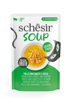 L-01114.jpg Schesir Soup teraviljavaba märgsööt supina täiskasvanud kassidele kanaliha, porgandi & kõrvitsaga 40 gr. kassikonserv