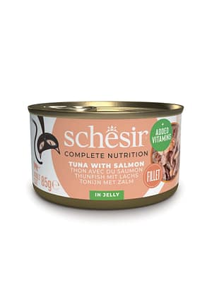 L-01244.jpg Schesir Complete Nutrition märgtoit täiskasvanud kassidele tuunikala lõhega tarretises 85 gr.
