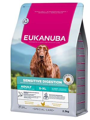 L-01634.jpg 2.3 kg. Eukanuba Sensitive Digestion S-XL täissööt igas suuruses tundliku seedimisega täiskasvanud koertele kana-& kalkunilihaga