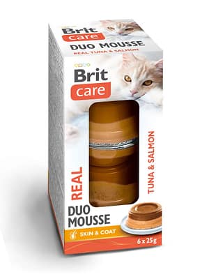 8595602579754.jpg 6 x 25 gr. Brit Care Double Mousse skin & coat kahekihiline märgtoit õhulise pasteedina kassidele tuunikala & lõhega