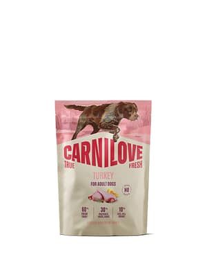 8595602581818.jpg 1,5 kg. Carnilove True Fresh teravilja-ja kartulivaba täissööt igas suuruses täiskasvanud koertele kalkunilihaga
