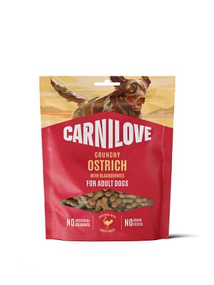8595602582587.jpg Carnilove Ostrich teravilja-ja kartulivabad krõbedad maiused täiskasvanud koertele jaanalinnuliha & põldmarjadega 200 gr.