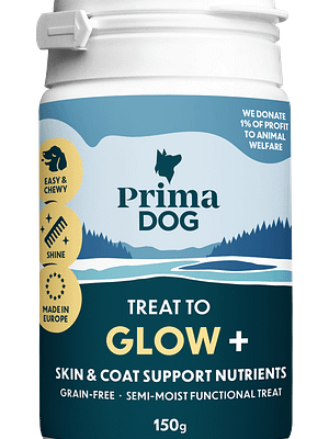 10163_PD_FunctionalTreats_GLOW (2) PrimaDog teraviljavaba poolniiske funtsionaalne maius Glow+koera naha & karvkatte heaolu toetuseks 150 gr.