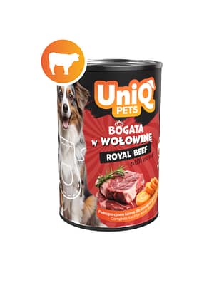 5903843431763.jpg 375 gr. UniQ Pets Royal Beef teraviljavaba monoproteiiniga/veis konservsööt täiskasvanud koertele