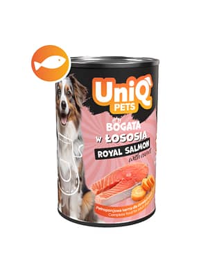 5903843431800.jpg 375 gr. UniQ Pets Royal Salmon teraviljavaba monoproteiiniga/lõhega konservsööt täiskasvanud koertele