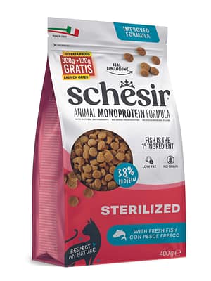 Exclusive Mockups for Branding and Packaging Design 400 gr. Schesir Animal Monoprotein Sterilized täissööt steriliseeritud/kastreeritud kassidele kalaga