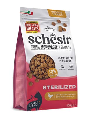 Exclusive Mockups for Branding and Packaging Design 400 gr. Schesir Animal Monoprotein Sterilized täissööt steriliseeritud/kastreeritud kassidele kanalihaga