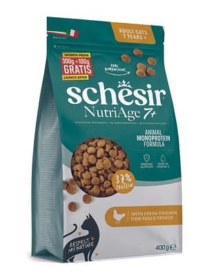 Exclusive Mockups for Branding and Packaging Design 400 gr. Schesir Animal Monoprotein NutriAge 7+ täissööt üle 7 aastastele kassidele kanalihaga