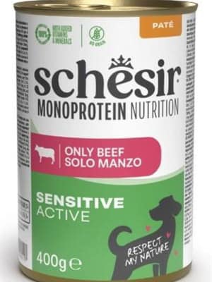 L-01619.jpg 400 gr. Schesir Monoprotein Active teraviljavaba konservsööt pasteedina täiskasvanud koertele veiselihaga