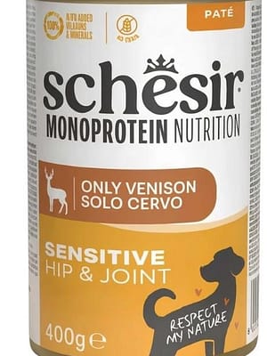 L-01620.jpg 400 gr. Schesir Monoprotein Hip & Joint teraviljavaba konservsööt pasteedina täiskasvanud koertele hirvelihaga
