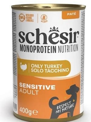 L-01621.jpg 400 gr. Schesir Monoprotein Turkey teraviljavaba konservsööt pasteedina täiskasvanud koertele kalkunilihaga