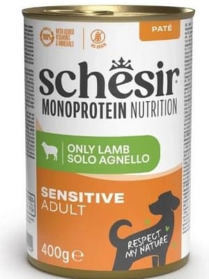 L-01622.jpg 400 gr. Schesir Monoprotein Sensitive teraviljavaba konservsööt pasteedina täiskasvanud koertele lambalihaga
