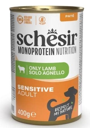 400 gr. Schesir Monoprotein Sensitive teraviljavaba konservsööt pasteedina täiskasvanud koertele lambalihaga