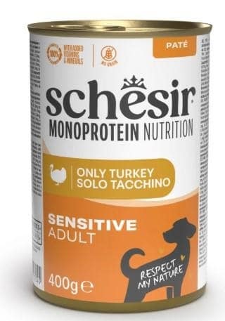 L-01621.jpg 400 gr. Schesir Monoprotein Turkey teraviljavaba konservsööt pasteedina täiskasvanud koertele kalkunilihaga