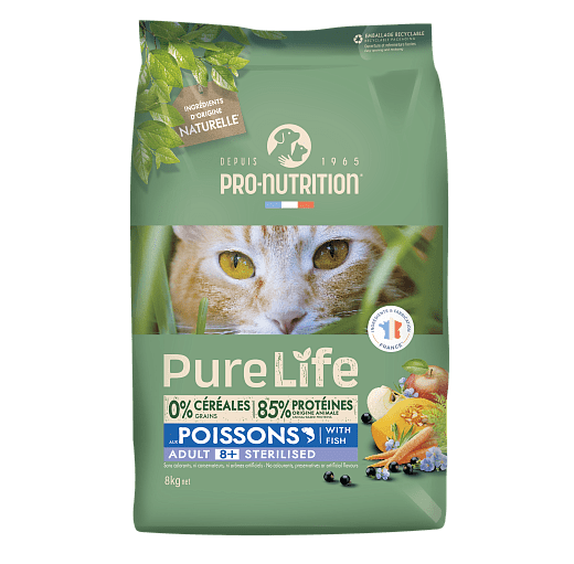 2 kg. PureLife Cat STERILIZED 8+ täissööt üle 8 aastastele kassidele pardiliha ja Valge kalaga