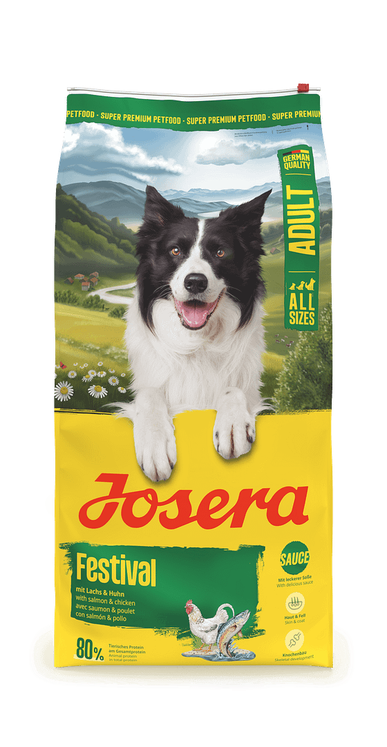 12,5 kg. Josera Festival täissööt täiskasvanud koertele lõhega, mille graanulid on kaetud kastmejahuga