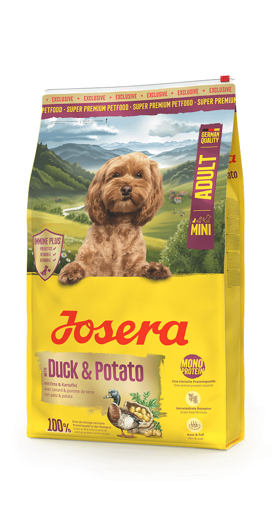 4032Mini_Adult_withDuckPotato 4,5 kg. Josera Mini Duck & Potato teraviljavaba täissööt pardiliha & kartuliga väikest kasvu täiskasvanud koertele