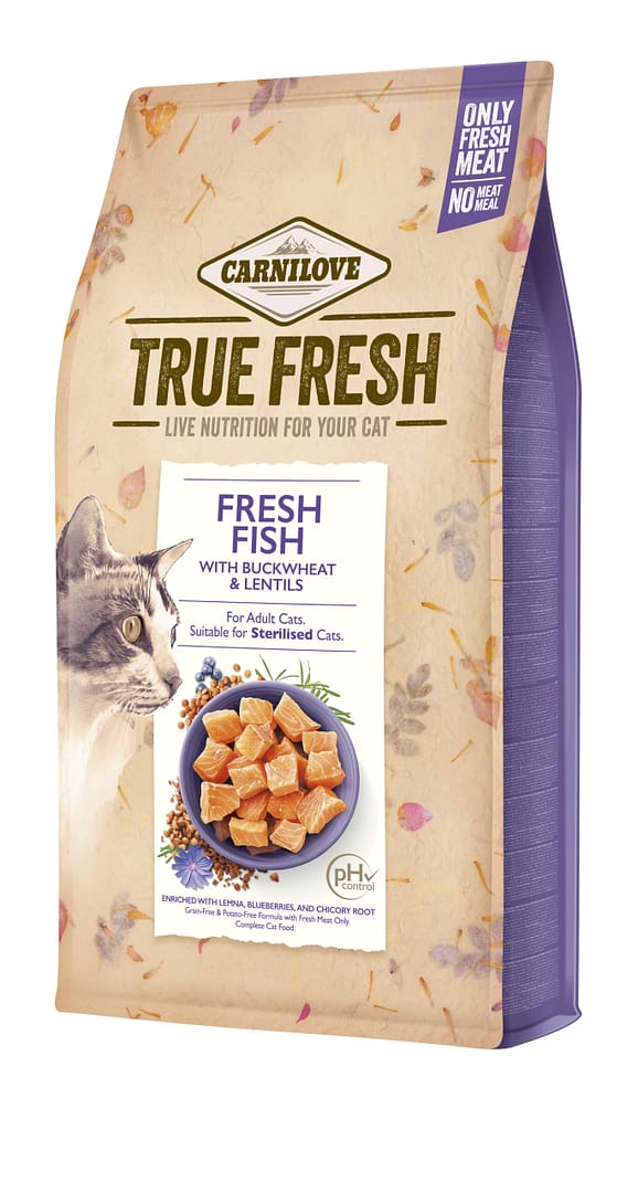8595602561421.jpg 1.8 kg. Carnilove True Fresh Cat teravilja-ja kartulivaba täissööt täiskasvanud steriliseeritud kassidele kalaga