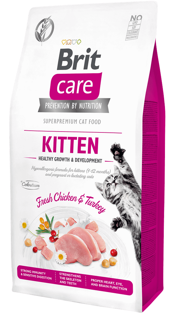 7649_6024b3f5e3d369.20348664_18461_BCC_Dry_food_7kg_KITTEN.png 7 kg. Brit Care teraviljavaba täissööt kassipoegadele ning imetavatele/tiinetele kassidele kana-ja kalkunilihaga