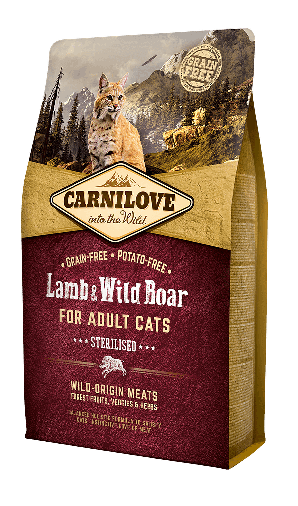 2 kg. CarniLove teravilja-ja kartulivaba täissööt steriliseeritud/kastreeritud kassidele lamba-ja metssealihagassitoit