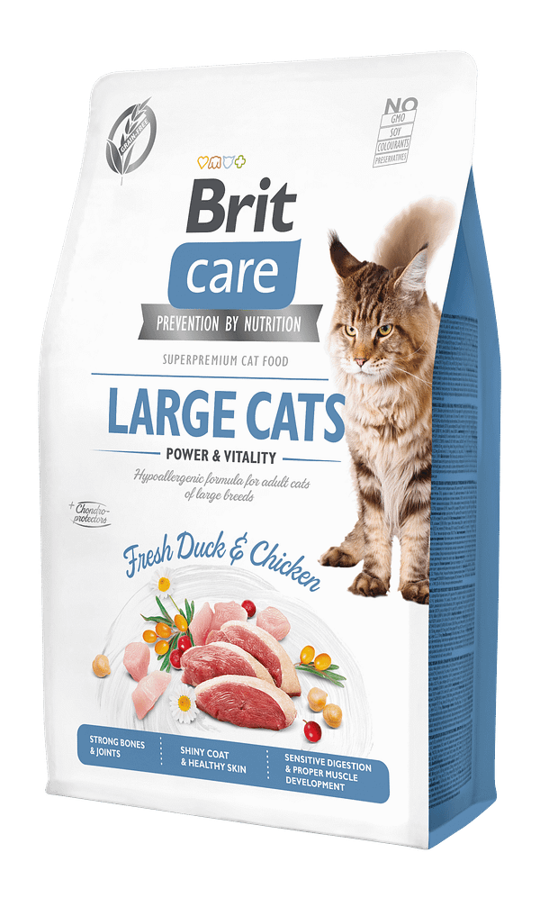7662_6024b2435c0863.66110347_18461_BCC_Dry_food_2kg_LARGE_CATS.png 2 kg. Brit Care teraviljavaba täissööt suurt kasvu täiskasvanud kassidele pardi-ja kanalihaga