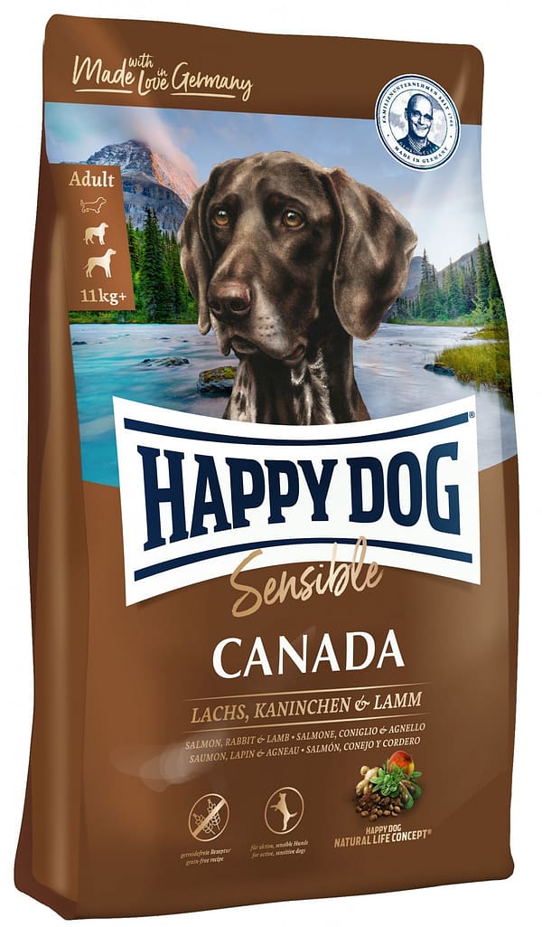 Sensible_Canada 11 kg. Happy Dog Sensible Canada teraviljavaba täissööt keskmist- ja suurt kasvu täiskasvanud koertele lõhe, küüliku-& lambalihaga