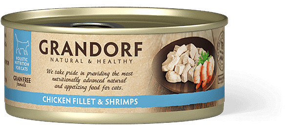 Grandorf cat chicken fillet & shrimps 6 x 70 gr. Grandorf teraviljavaba konservtoit kassidele kanaliha ja krevettidega