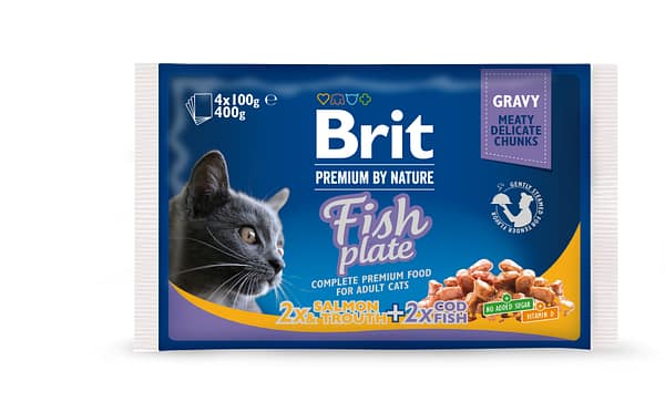 Brit Premium Fish Plate multipakk einekotikesed kastmes täiskasvanud kassidele 4 x 100 gr.