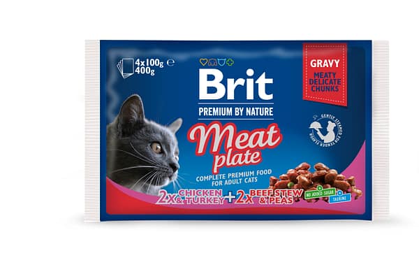 Brit Premium Meat Plate multipakk teraviljavabad einekotikesed kastmes täiskasvanud kassidele 4 x 100g