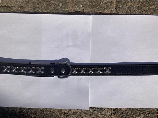 289092832_1180208629427679_7203298613470943762_n Kahekordsest musta värvi naturaalsest nahast X neetidega kaelarihm pikkusega  40 cm.