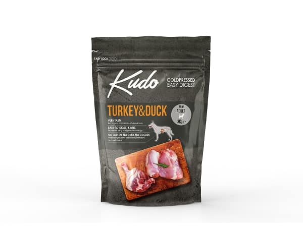 8606109019664.jpg 3 kg. Kudo Turkey & Duck Mini külmpressitud täissööt väikest kasvu täiskasvanud koertele kalkuni-ja pardilihaga