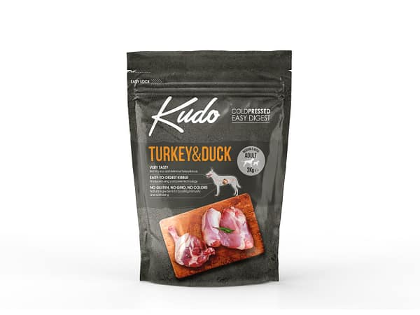 8606109019725.jpg 3 kg. Kudo Turkey & Duck külmpressitud täissööt keskmist ja suurt kasvu täiskasvanud koertele kalkuni-ja pardilihaga
