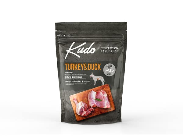 3 kg. Kudo Turkey & Duck Senior Light külmpressitud täissööt eakatele või kaaluprobleemidega täiskasvanud koertele kalkuni-ja pardilihaga