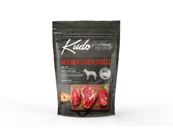 3 kg. Kudo Red Meat & Vegetables külmpressitud täissööt keskmist ja suurt kasvu täiskasvanud koertele punase lihaga