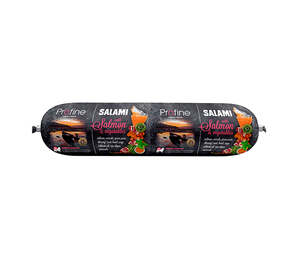 10561_60e69d8dcb0358.24091660_profine20sausage20salmon.png 800 gr. Profine teraviljavaba vorst koertele lõhe ja köögiviljadega