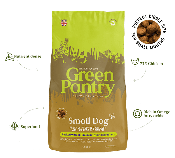 Small-Dog-update-1 1,5 kg. Green Pantry teravilja-ja keemiavaba täissööt kanaliha & porgandiga väikest kasvu koertele alates 8. elunädalast