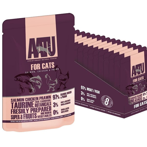 85 gr. Aatu teraviljavaba konservtoit kassidele lõhe,kana ja krevettidega