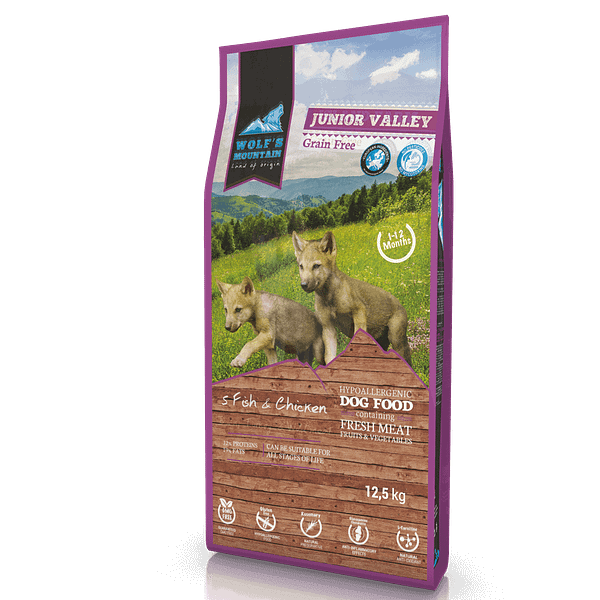 Wolfs-Mountain-junior-valley-dog-premium-grain-free-food-12.5kg 2 kg. Wolf's Mountain teraviljavaba kutsikatoit kala ja kanalihaga