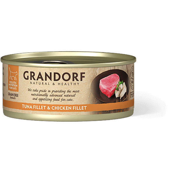 grandorf tuna fillet& chicken fillet 6 x 70 gr. Grandorf teraviljavaba konservtoit kassidele tuunikalafilee ja kanalihaga