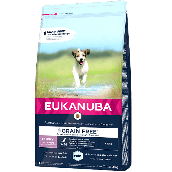 3 kg. Eukanuba teraviljavaba täissööt väikest-ning keskmist kasvu kutsikatele värskelt külmutatud lõhega