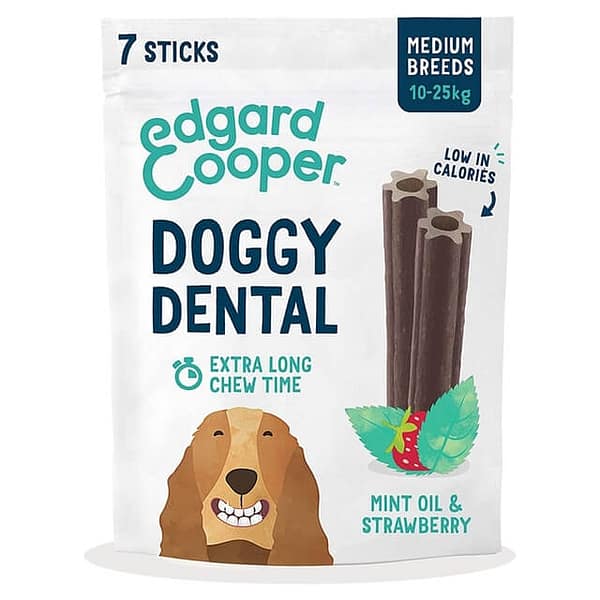 EG Doggy Dental Mint & Strawberry Taimsed närimispulgad hammaste puhastamiseks piparmündi ja maasikaga koertele kaaluga 10-25 kg.