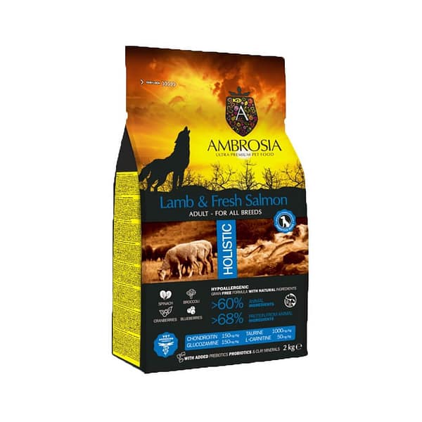 2 kg. Ambrosia teraviljavaba täissööt igas suuruses täiskasvanud koertele lambaliha & värske lõhega