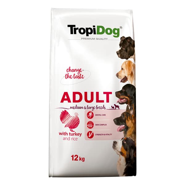 12 kg. TropiDog Premium täissööt keskmist-ja suurt kasvu täiskasvanud koertele kalkuniliha & riisiga