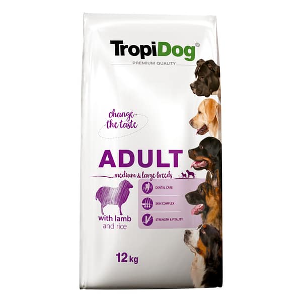 12 kg. TropiDog Premium täissööt keskmist-ja suurt kasvu täiskasvanud koertele lambaliha & riisiga