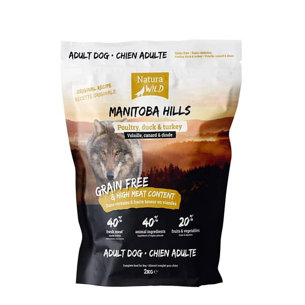 2 kg. Natura Wild Manitoba Hills teraviljavaba täissööt täiskasvanud koertele kana-, pardi- ja kalkunilihaga