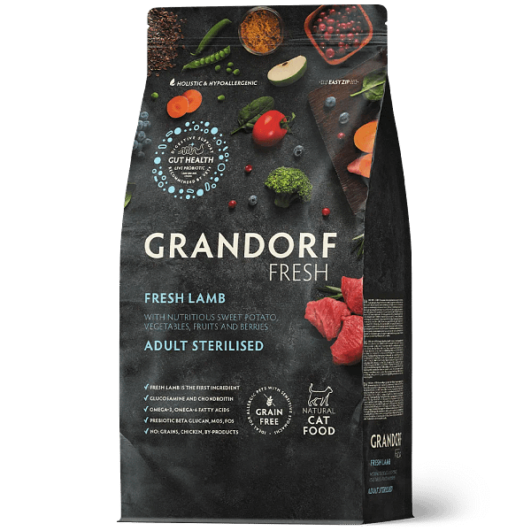 GD-cat-fresh-lamb-and-sweet-potato-adult-steriliszed 2 kg. Grandorf Cat Fresh teraviljavaba täissööt täiskasvanud steriliseeritud/kastreeritud kassidele värske lambaliha & bataadiga