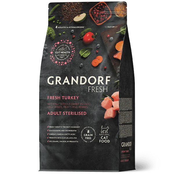 2 kg. Grandorf Cat Fresh teraviljavaba täissööt steriliseeritud/kastreeritud täiskasvanud kassidele kalkuniliha & bataadiga